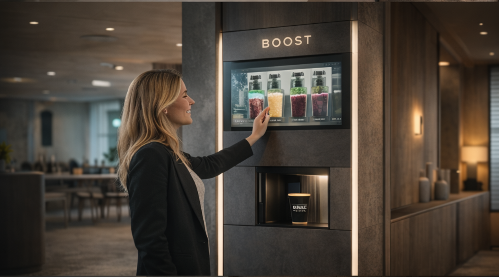 Office professional interacting with the Boost Shakes automated vending machine