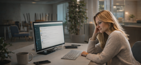 Office worker looking fatigued and hungry at her desk during a busy workday